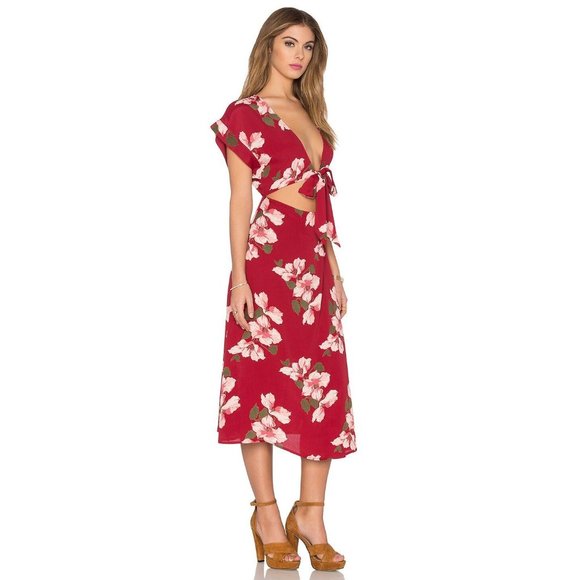 NWT Privacy Please Womens Allard Dress S Red Floral Tie Front Cut Out Midi - Picture 2 of 10